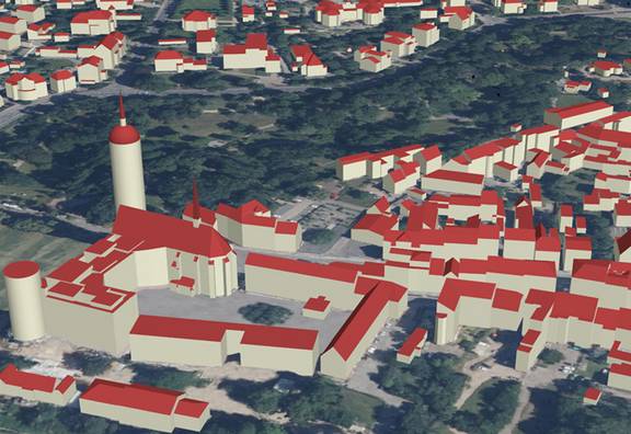 Beispiel eines 3D-Gebäudemodells im Detaillierungsgrad LoD2 (l.u. Schlosskirche in Wittenberg)